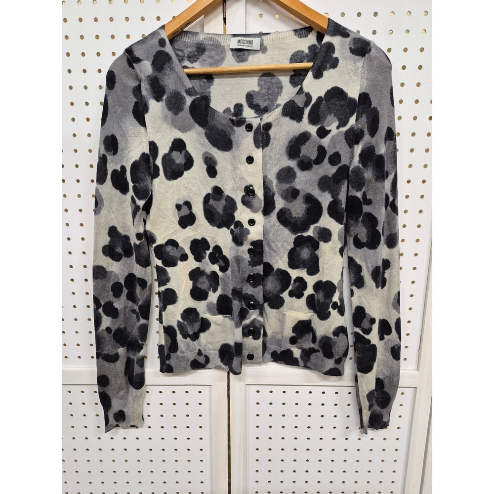 Moschino Cheap and Chic Silk Cashmere Leopard Print Sweater Cardigan Size 10
